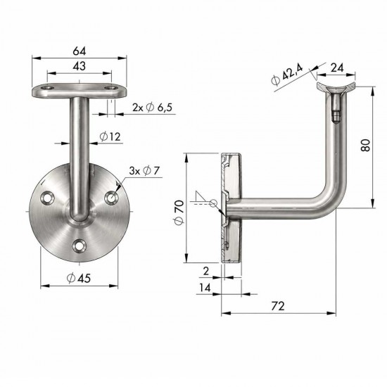 Suport mana curenta inox  AISI316 cu capac prindere in perete, suport balustrada Ø42 mm, finisaj satinat
