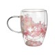 Cana cu pereti dubli din sticla, flori roz, 350 ml