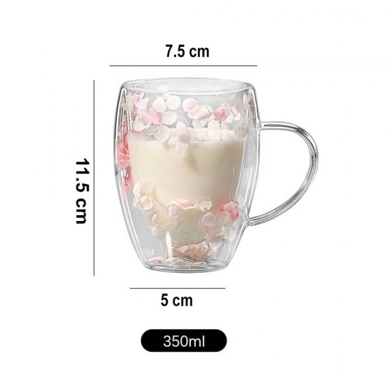 Cana cu pereti dubli din sticla, flori roz, 350 ml