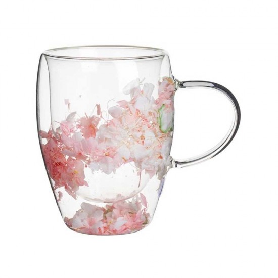 Cana cu pereti dubli din sticla, flori roz, 350 ml