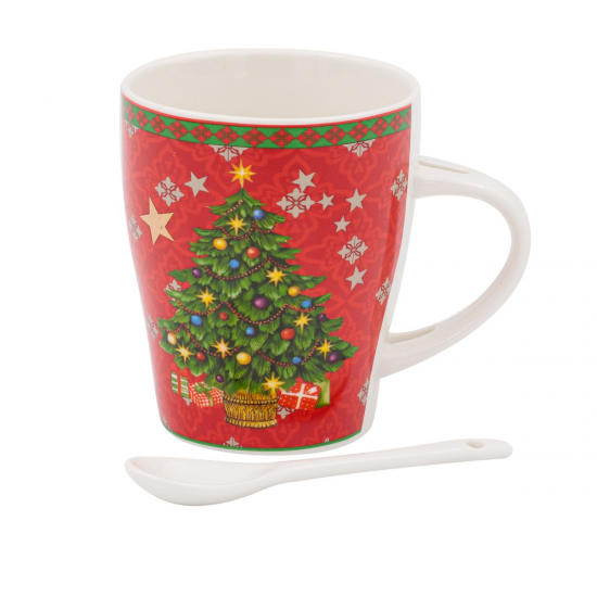 Set cana Craciun, din portelan, cu suport si lingurita, 300 ml