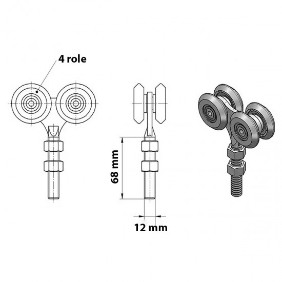Rola dubla tip carucior cu 4 role pentru sina suspendata 42x54 mm, otel, finisaj zincat